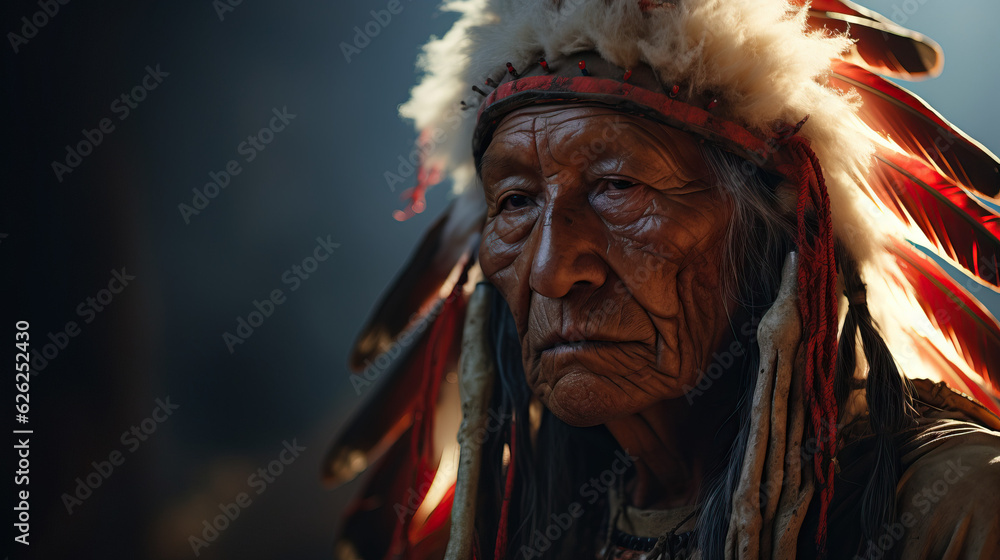 Portrait of Native American Chief Elder Man in Headdress
