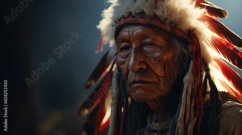 Portrait of Native American Chief Elder Man in Headdress