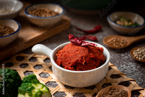 Billede på lærred Thai Red spicy paste - Thai food ingredients for cooking spicy red curry made fr