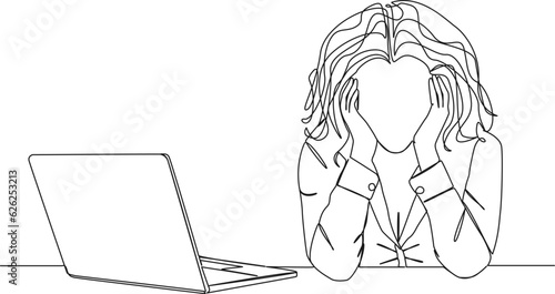 continuous single line drawing of stressed business woman sitting at office desk with head in hands, line art vector illustration