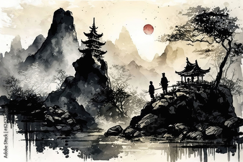Chinese style ink painting with mountains and lake, AI generated