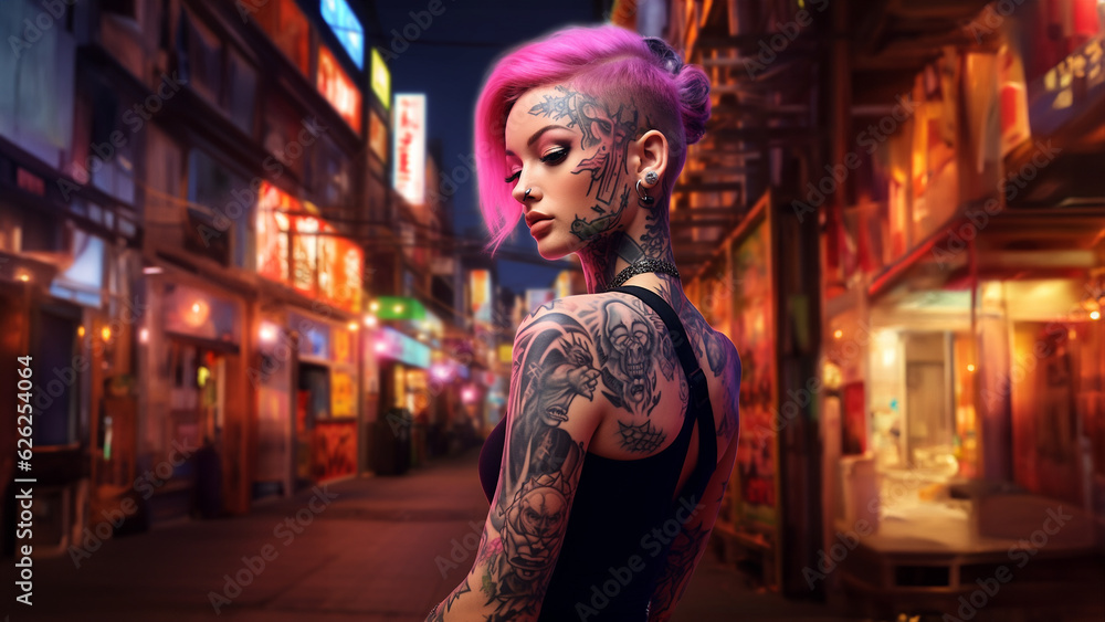 Hübsche Pink haarige Frau mit tattoos und Visagistik in der Einkaufsstraße Nahaufnahme, ai generativ