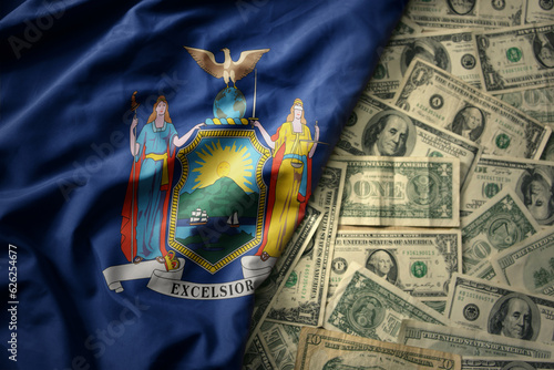 colorful waving national flag of new york state on a american dollar money background. finance concept