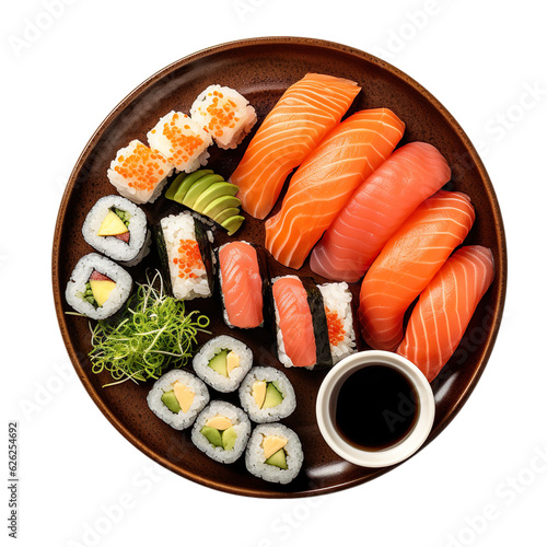 Leinwand Poster Top view of Sushi Platter with Fresh Wasabi and Soy Sauce