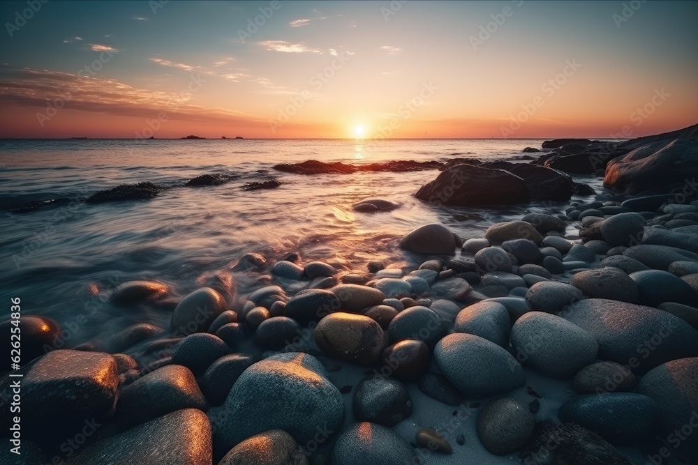 Very nice sunset on a beach with many rocks