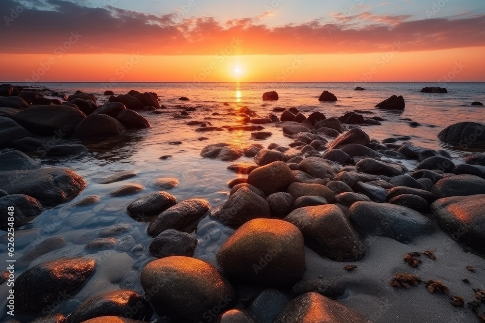 Very nice sunset on a beach with many rocks Very nice sunset on a beach with many rocks