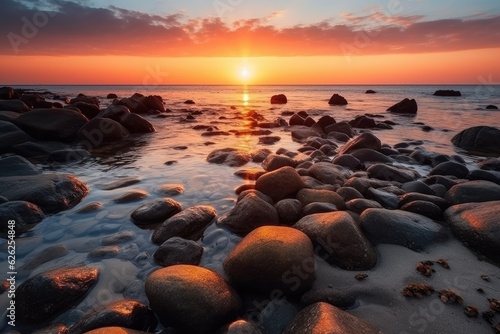 Very nice sunset on a beach with many rocks