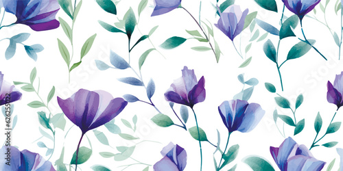 Sweet pea and spring leaves seamless pattern isolated on white. Watercolor botanical illustration. Romantic transparent flowers. Spring floral bouquets