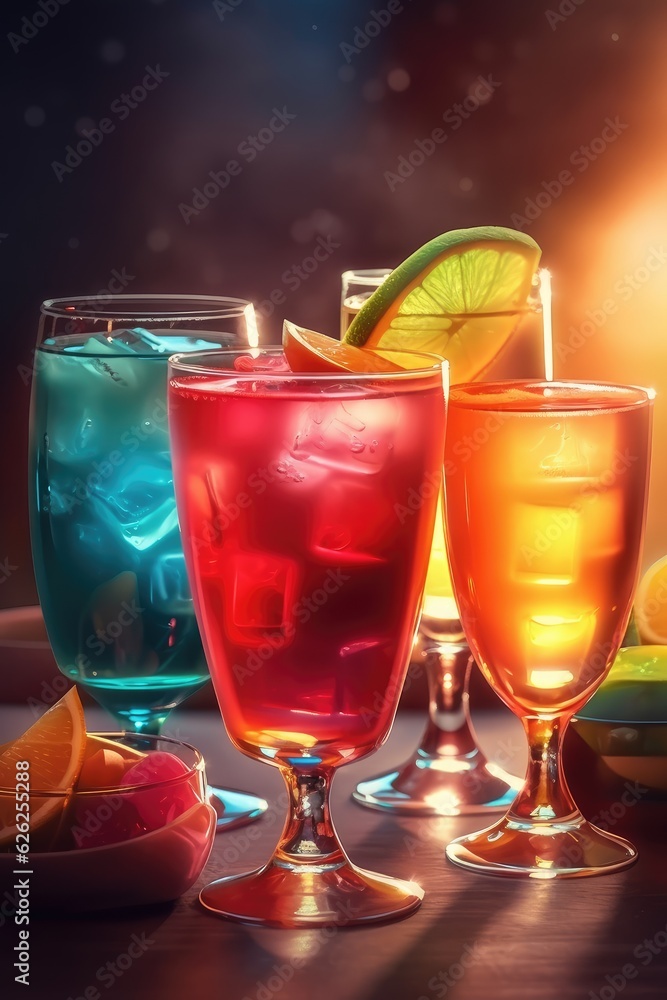 Brightly colored juice drinks are placed on the table Brightly colored juice drinks are placed on the table