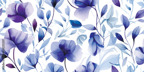 Sweet pea and spring leaves seamless pattern isolated on white. Watercolor botanical illustration. Romantic transparent flowers. Spring floral bouquets