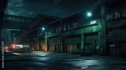 Old factory building lights up at night