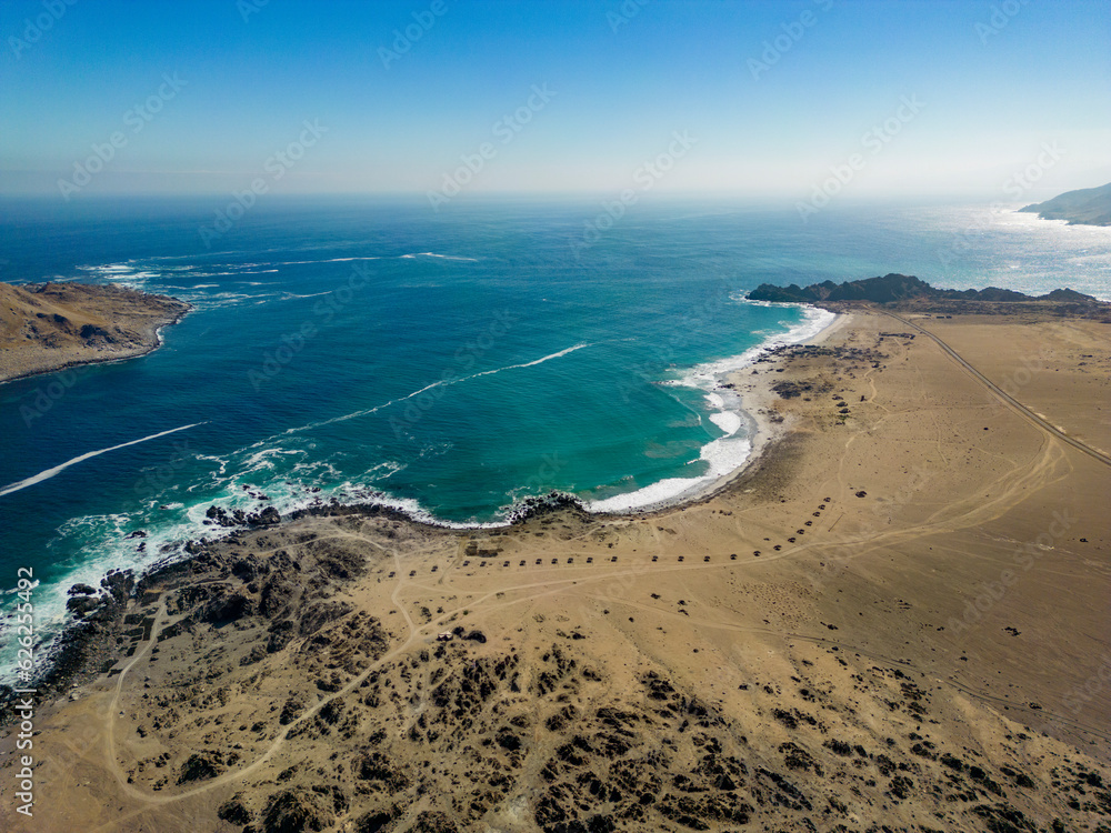 Aerial view of the scenic National Park Pan de Azúcar at the coast of the Atacama desert in Chile - Traveling and exploring South America