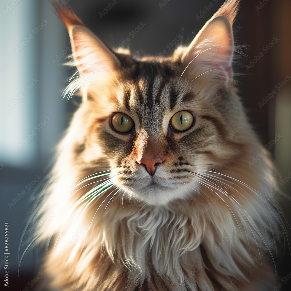 Portrait of a smoky Maine Coon cat sitting in a light room beside a window. Closeup face of a beautiful Maine Coon cat at home. Portrait of a cute Maine Coon cat with smoky fur looking at the camera.