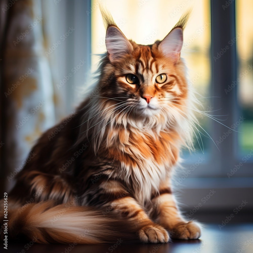 Portrait of a red Maine Coon cat sitting in a light room beside a window. Closeup face of a beautiful Maine Coon cat at home. Portrait of grown red Maine Coon cat with thick fur looking at the camera.