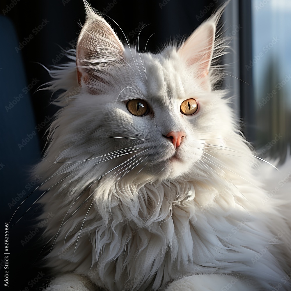 Portrait of a white Maine Coon cat lying on a sofa beside a window in a light room. Closeup face of a beautiful Maine Coon cat at home. Portrait of a cute Maine Coon with white fur looking to the side