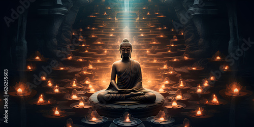 A painting of a buddha circle surrounded by candles in the water © safia