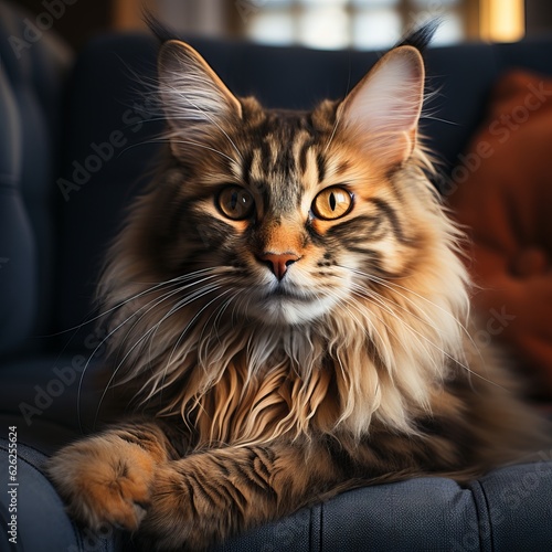 Portrait of a brown Maine Coon cat lying on a sofa beside a window in a light room. Closeup face of a beautiful Maine Coon cat at home. Portrait of a big furry cat with brown fur looking at the camera