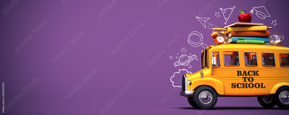 Back to school banner. Funny School bus with books and accessory on purple background with copy space. 3D Rendering, 3D Illustration - obrazy, fototapety, plakaty 
