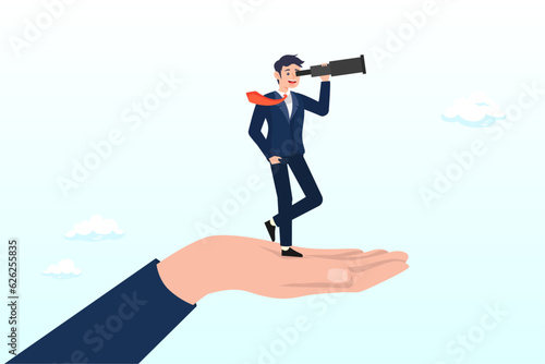 Businessman stand on support hand look into telescope vision, vision to see opportunity, support or empowerment for career development, success opportunity or visionary to see journey ahead (Vector)