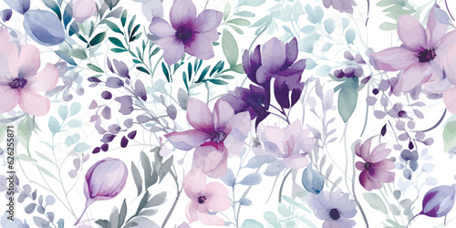 Flower seamless pattern with abstract floral branches with leaves, blossom lilac pink pastel flowers. Vector nature illustration in vintage watercolor style on light white background
