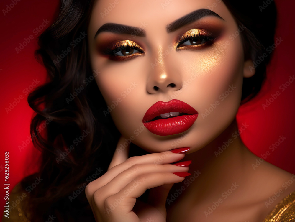 Portrait of beautiful sensual young woman with golden makeup and red lips, red nails on red background. Sexy lady with red lips, studio fashion shot. Beautiful Woman With hairstyle and Luxury Makeup Portrait of beautiful sensual young woman with golden makeup and red lips, red nails on red background. Sexy lady with red lips, studio fashion shot. Beautiful Woman With hairstyle and Luxury Makeup