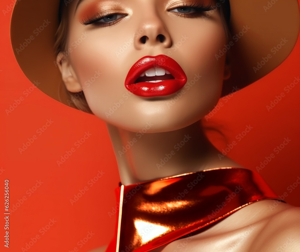 Obraz premium Closeup portrait of beautiful young woman with red lips and golden cloth. Beautiful Girl Face. Portrait of beautiful young woman with glamour makeup and red satin cloth. Fashion Beauty.