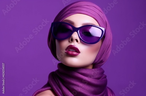 Fashion portrait of young beautiful woman with violet sunglasses and purple scarf. Optics style.  Beauty, fashion. © Valua Vitaly