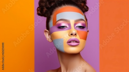 Fashion portrait of young beautiful woman with multicolored make-up. Fashion Beauty. Art portrait of beautiful young woman with creative make-up on colorful background.