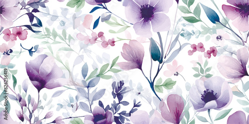 Flower seamless pattern with abstract floral branches with leaves, blossom lilac pink pastel flowers. Vector nature illustration in vintage watercolor style on light white background