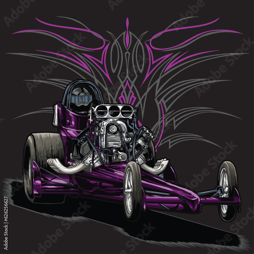 purple drag race racing car isolated in black background for business elements, screen printing, digital printing,DGT,DFT and poster.