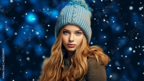 Schöne Teenager Frau Gesicht mit Strickmütze und schönen winterlichen leuchtenden Hintergrund Nahaufnahme, ai generativ