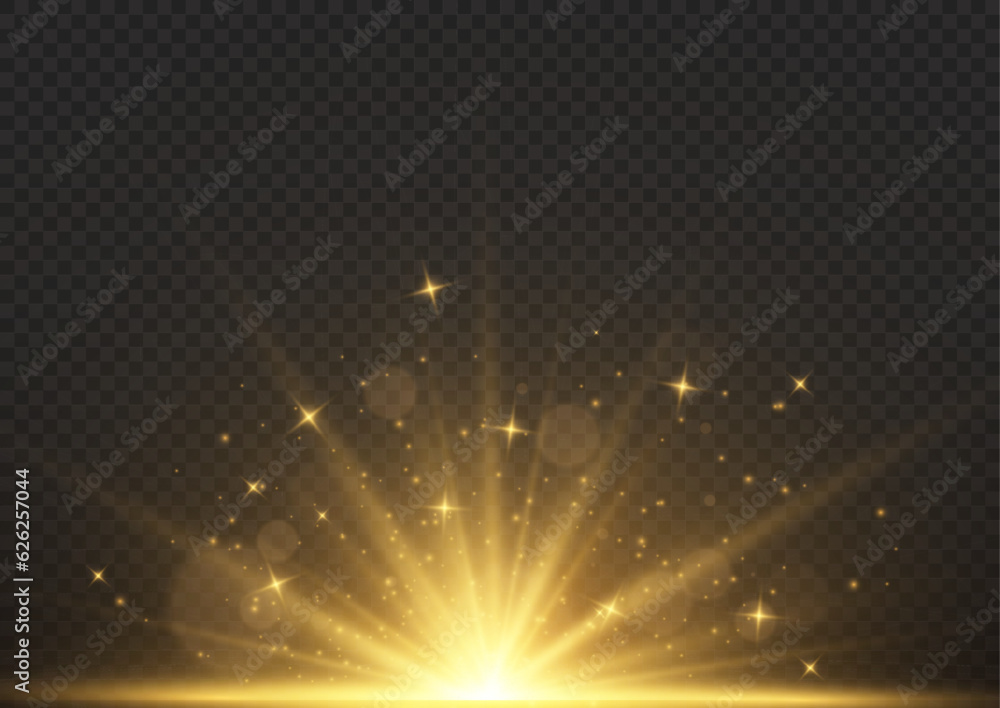 Golden rays rising up on a dark background. Vector illustration of an explosion with flying gold dust.