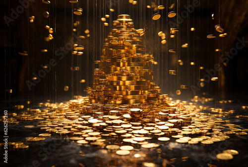 Canvastavla Fountain of gold coins raining on black background. Generative AI