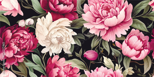 Delicate floral watercolor pattern for textiles and backgrounds, watercolor peonies flowers and green leaves, soft colors, boho style on a light background, floristic vintage