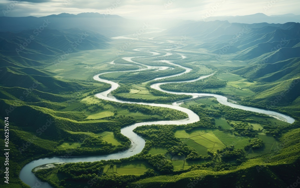 Fototapeta premium Beautiful aerial view of a river with multiple paths and meanders surrounded by green trees and vegetation.