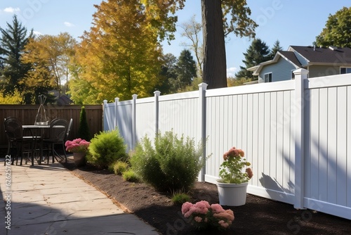 Foto White Plastic Fence Backyard Protection. AI