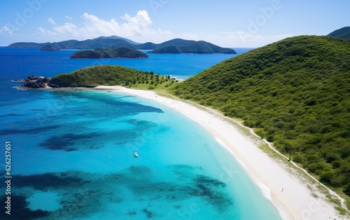Generic aerial view of an ideal beach coastal landscape with turquoise clear water and green mountains on the sides.