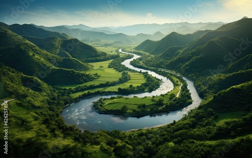 Stunning river meander curved shape between valleys.