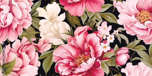 Delicate floral watercolor pattern for textiles and backgrounds, watercolor peonies flowers and green leaves, soft colors, boho style on a light background, floristic vintage