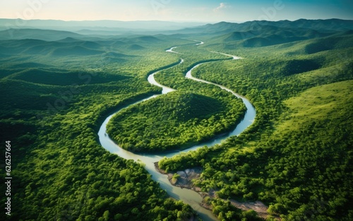 Fotótapéta Beautiful aerial view of a river with multiple paths and meanders surrounded by green trees and vegetation