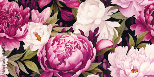 Delicate floral watercolor pattern for textiles and backgrounds, watercolor peonies flowers and green leaves, soft colors, boho style on a light background, floristic vintage