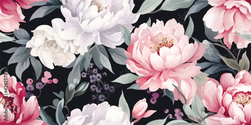 Delicate floral watercolor pattern for textiles and backgrounds, watercolor peonies flowers and green leaves, soft colors, boho style on a light background, floristic vintage