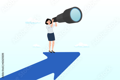 Success businesswoman standing on top of rising arrow with telescope to see future vision, woman leader with lady power business vision, woman visionary to see business opportunity (Vector)