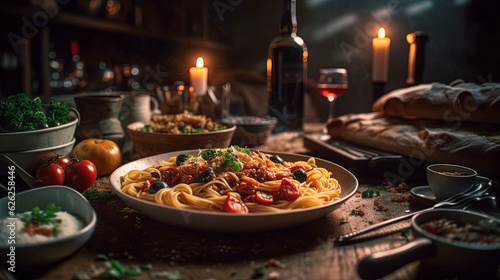 Still life on Italian cuisine with tomatoes, oils and a plate of spaghetti with basil and black olives in the center of the table, generative AI