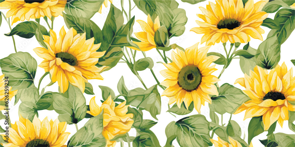 Seamless pattern with watercolor flowers, sunflower, repeat floral texture, digital paper hand drawing. Perfectly for wrapping paper, wallpaper, fabric, texture and other printing