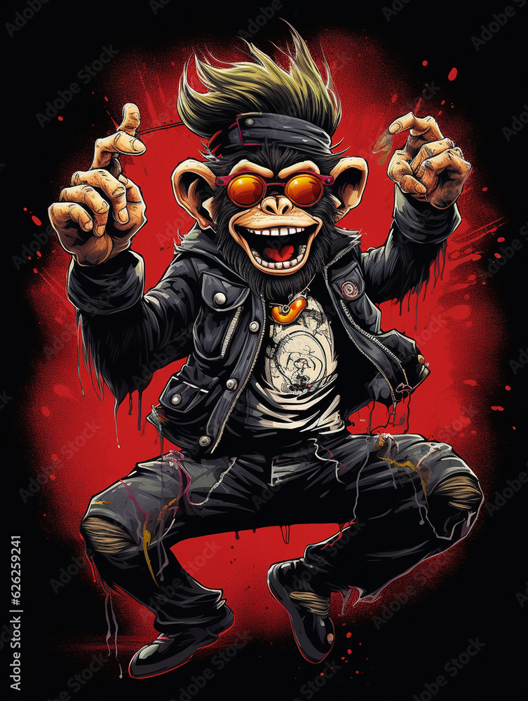 Affe als Cartoon Zeichnung im Tanzfiber mit T-Shirt und Jacke lacht mit Hände hoch, ai generativ Affe als Cartoon Zeichnung im Tanzfiber mit T-Shirt und Jacke lacht mit Hände hoch, ai generativ