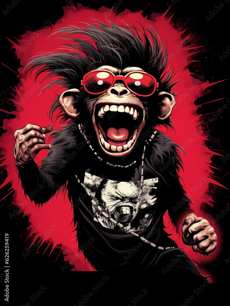 Affe als Cartoon Zeichnung im Tanzfiber mit T-Shirt und Jacke lacht mit Hände hoch, ai generativ