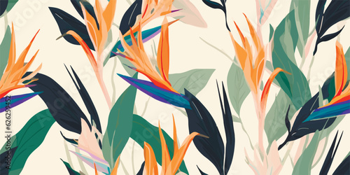 Exotic abstract tropical pattern with strelitzia flower or bird of paradise. Colorful botanical abstract contemporary seamless pattern. Hand drawn unique print
