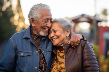 An elderly Hispanic couple enjoying outdoors, their love palpable, reflecting a Latin American immigrant's fulfilling retirement