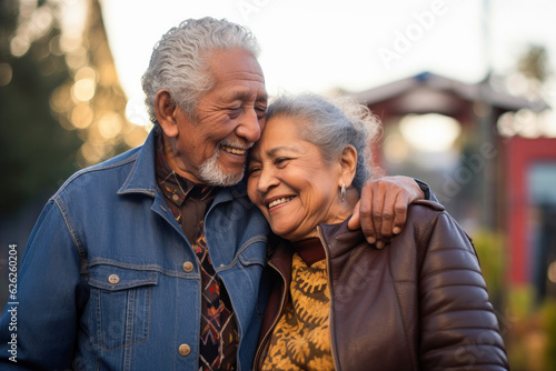 An elderly Hispanic couple enjoying outdoors, their love palpable, reflecting a Latin American immigrant's fulfilling retirement photo